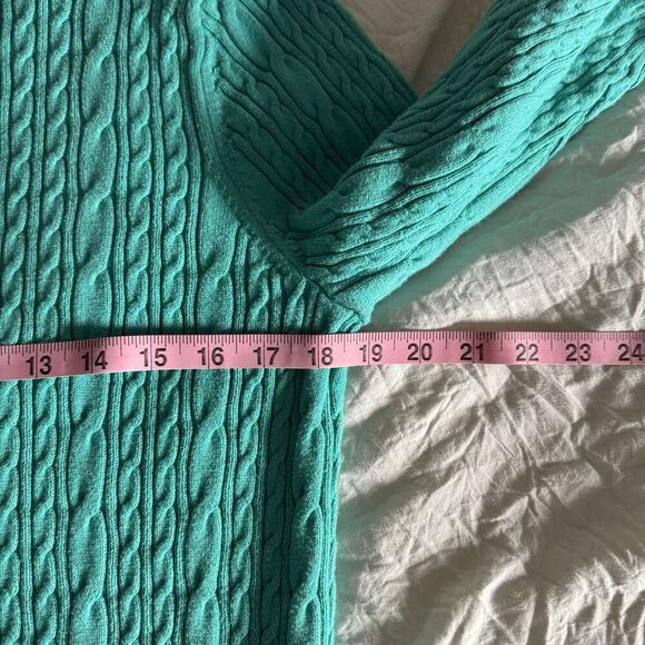 Lands' End Fisherman Cable Knit Sweater Womens Large Tall Green Cotton Mock Neck - Picture 7 of 8